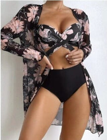 Coleção Moda Praia Flowers 2023 - Biquíni + Saída de Praia (Brinde) FashionShope Preto Flores P | 36 a 38 