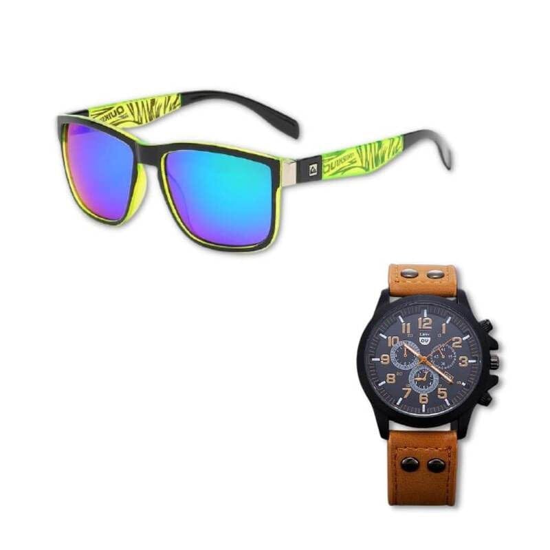 Óculos Quiksilver + Relogio Quartz Pulseira De Couro 0 FashionShope Amarelo 